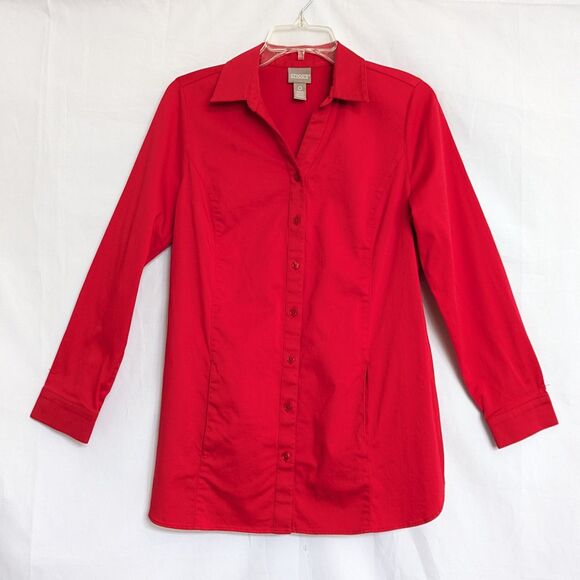 Chico's Size 0/S Red Button Up Shirt Long Sleeve Cotton Spandex Blouse Tunic - Picture 4 of 12